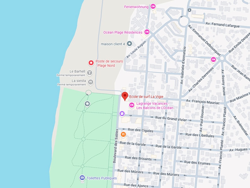 Carte École de surf La Vigie : Plage Nord et rues Carte de La Vigie montrant l'École de surf La Vigie, la Poste de secours Plage Nord, et les rues avoisinantes comme Av. François Mauriac et Bd des Sables.